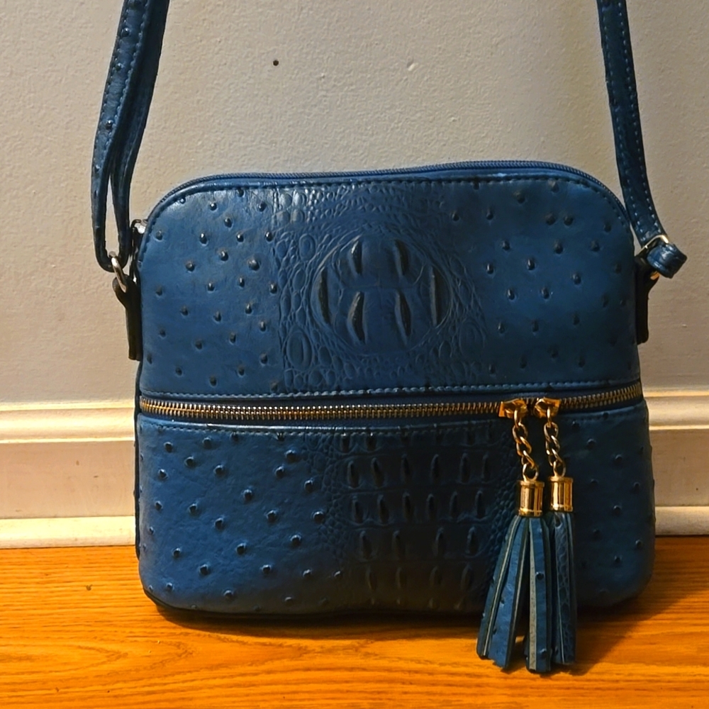 Blue ostrich crosbody
